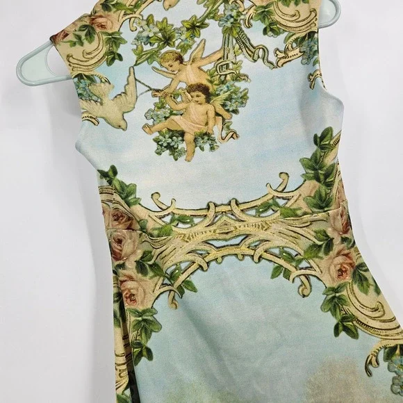 Y2K Michal Negrin Tank Top Green Blue Angels Floral Brocade Rhinestone V-neck S - Picture 7 of 10